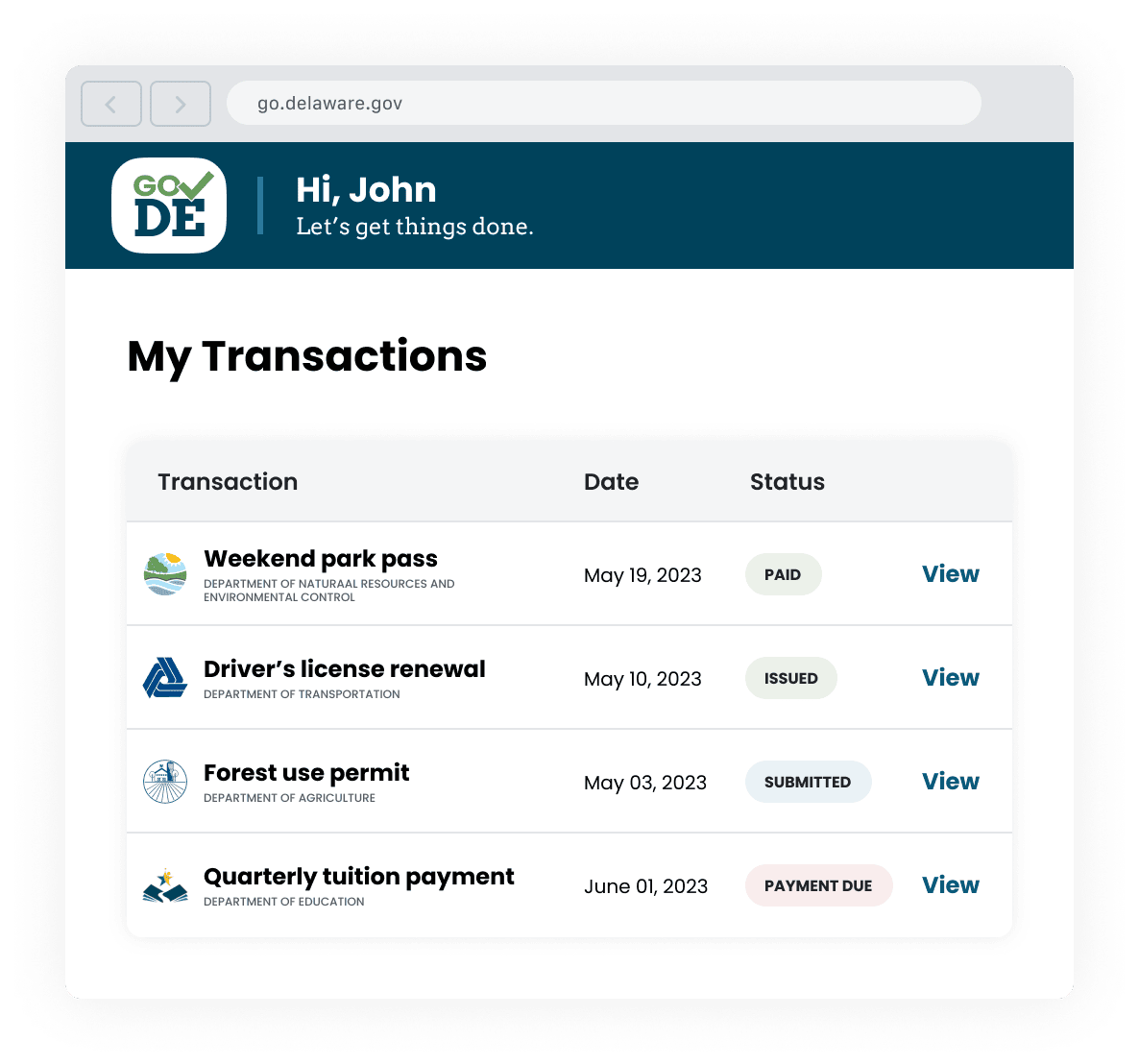 The Go DE screen that shows you a list of your transactions and each one's date and status.
