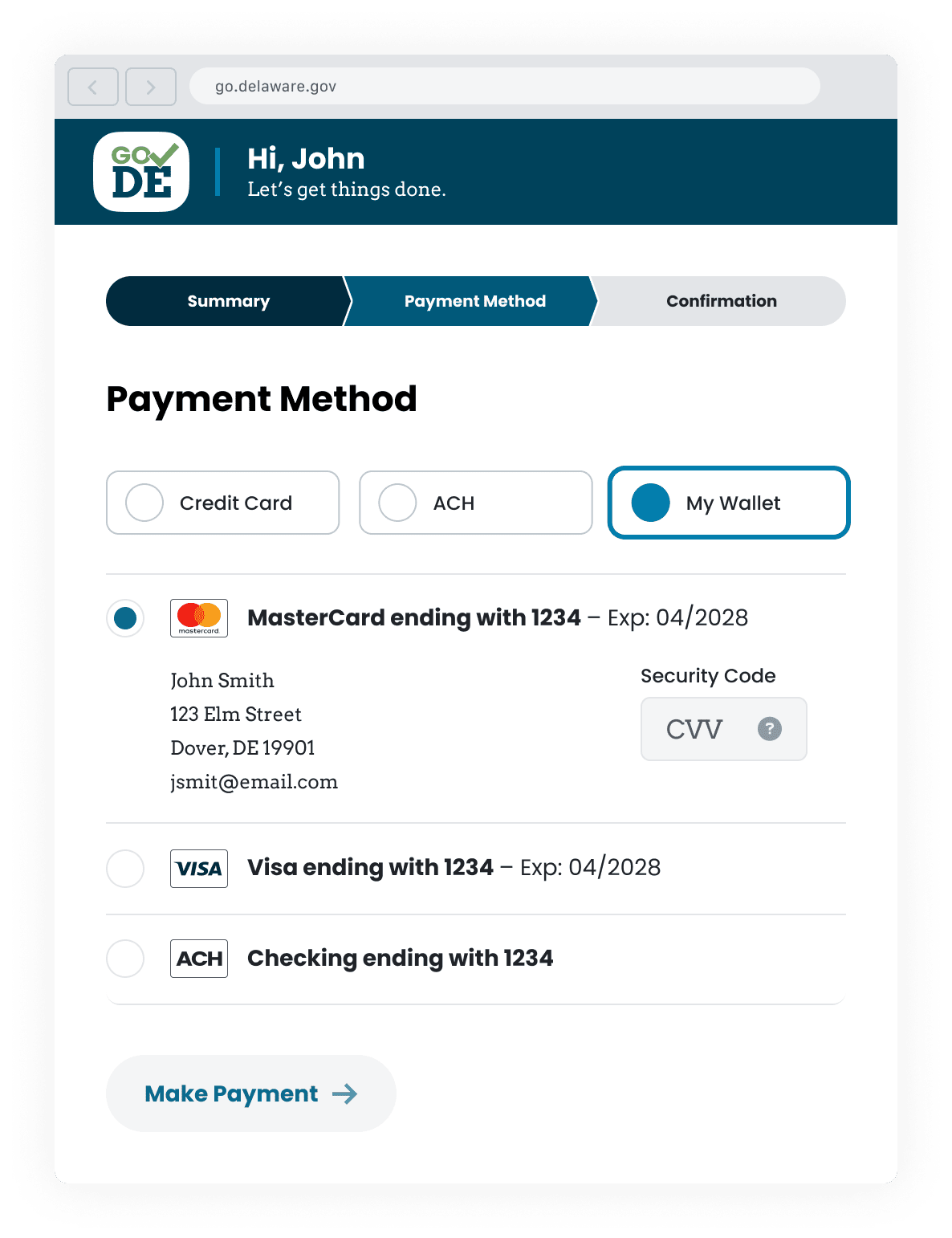 The Go DE payment method screen which includes the option to store credit card or ACH bank account information and a button that allows the user to make a payment
