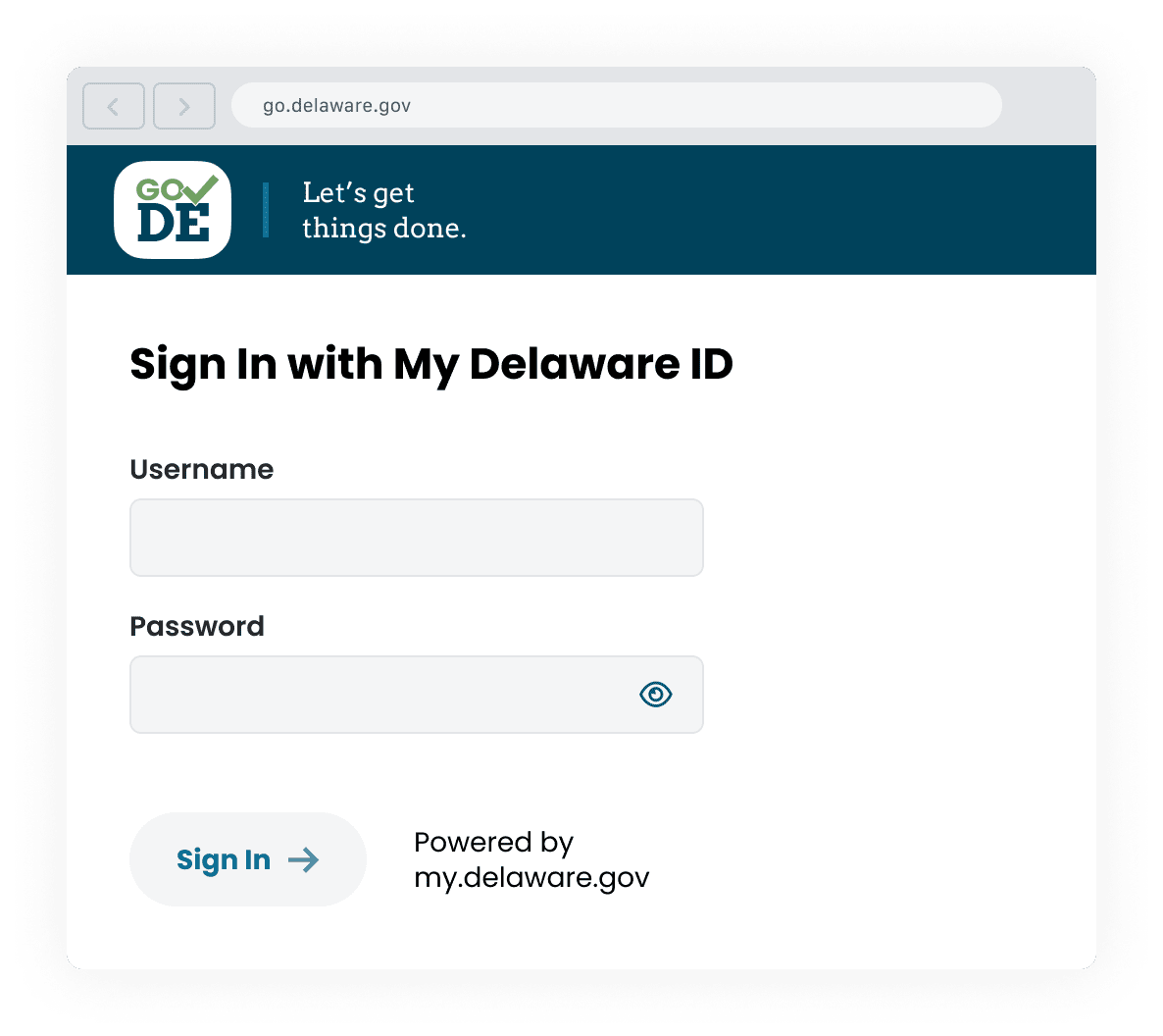The Go DE screen that allows you to sign in with your Delaware ID. It includes username and password fields.